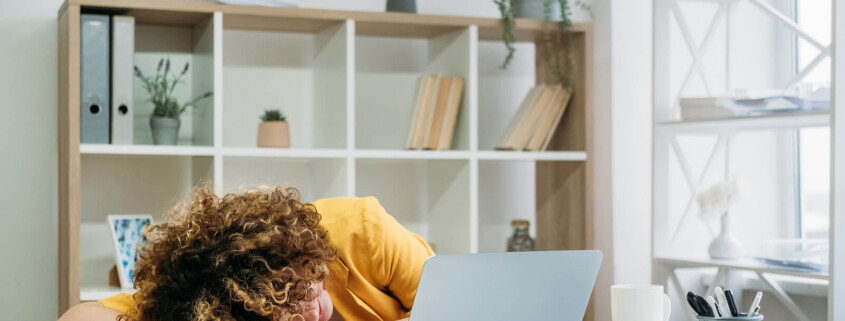 Exhausted working woman. Are you ready for a change? Learn how to deal with stress at work. Stress therapy in Florida can give you better coping skills for stress. Call now and see how we can help Via online therapy!