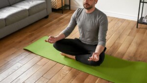A man sits on a yoga mat while appearing to meditate. Learn how an online therapist in Brevard County, FL can offer support with stress management. Learn more about stress therapy in Florida by searching "anxiety treatment in Brevard County, FL" today. 