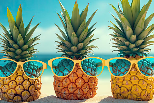 Three funny pineapples wearing sunglasses.