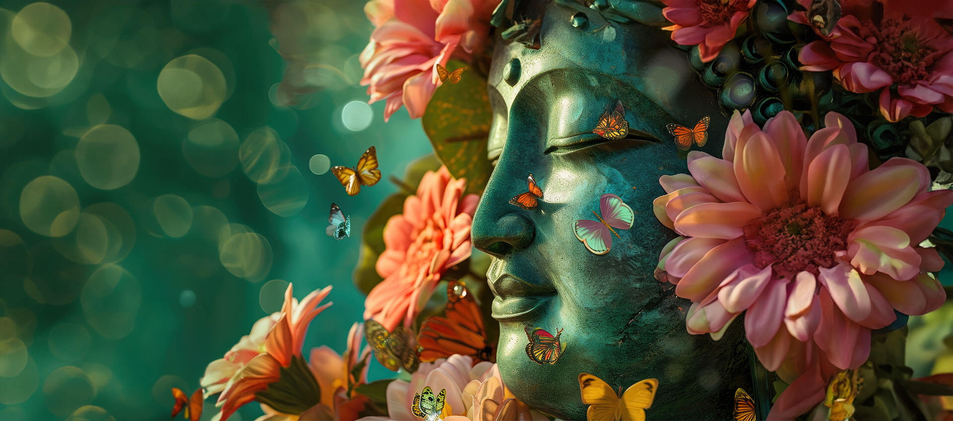 Dreamscape illustration of a woman surrounded by flowers and butterflies
