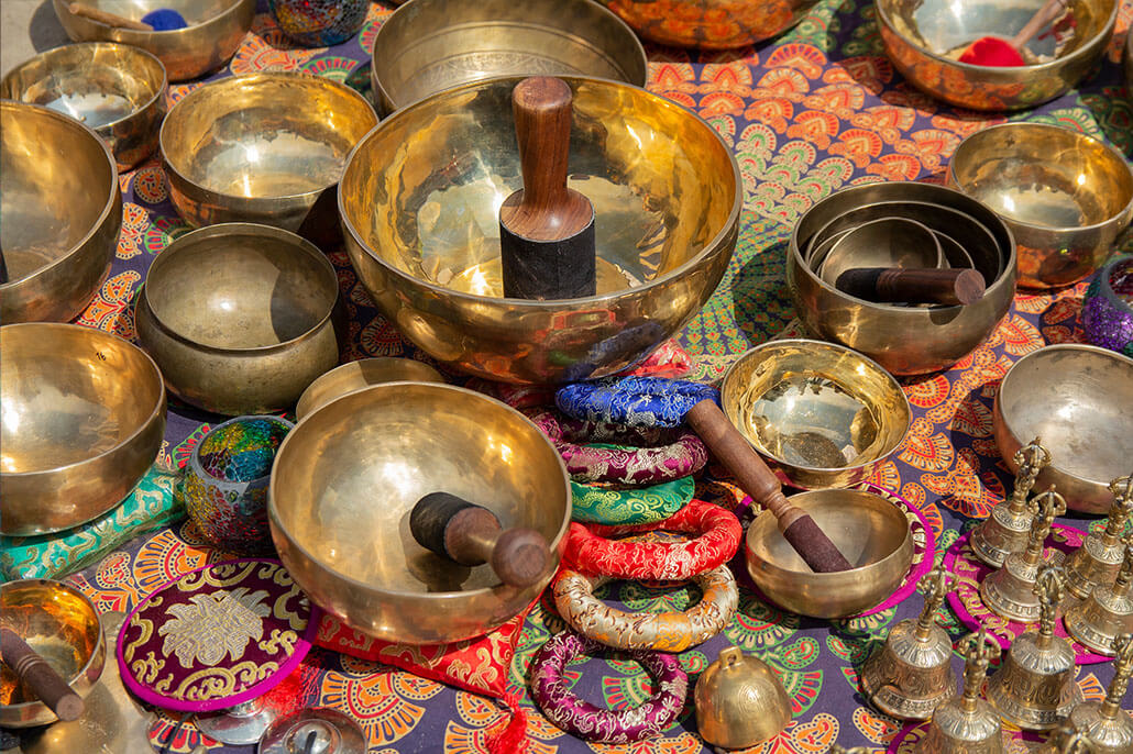 Sound bowls along side of other sound therapy objects