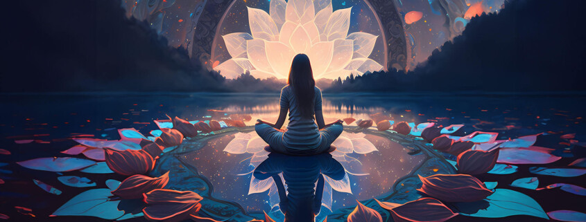 Artistic rendering of a woman meditating on a pond's surface with a lily reflection