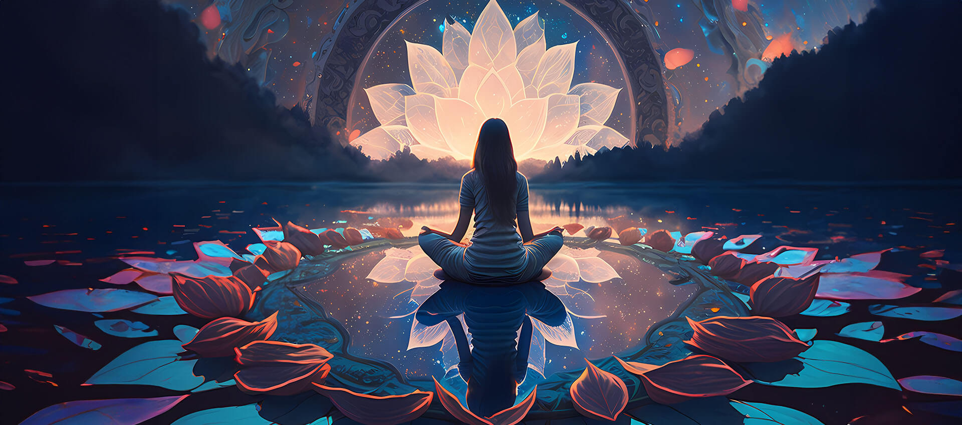 Artistic rendering of a woman meditating on a pond's surface with a lily reflection