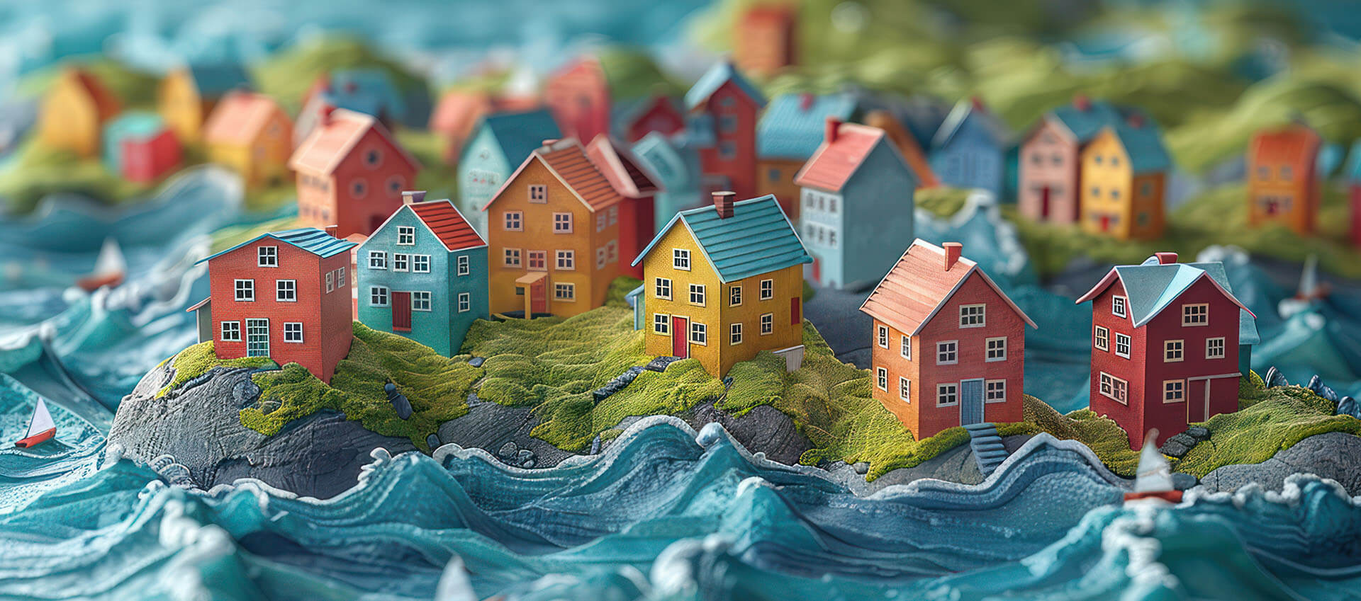 AI generated image of small houses on a blustery ocean