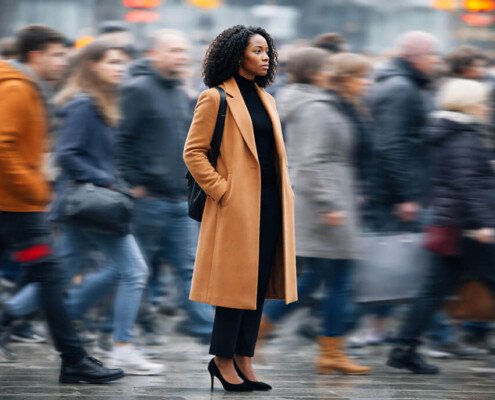 Woman standing in a blurred rush of foot traffic on a busy street