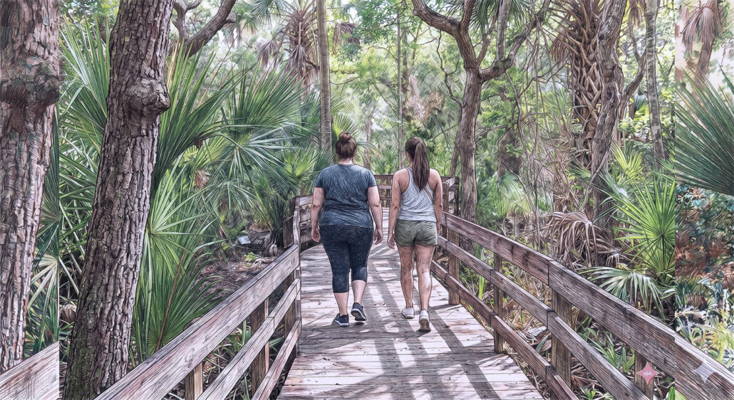 Two women are walking on a boardwalk path amongst lush Florida flora. This illustrates our in-person walk and talk therapy at Rotary Park in Merritt Island.