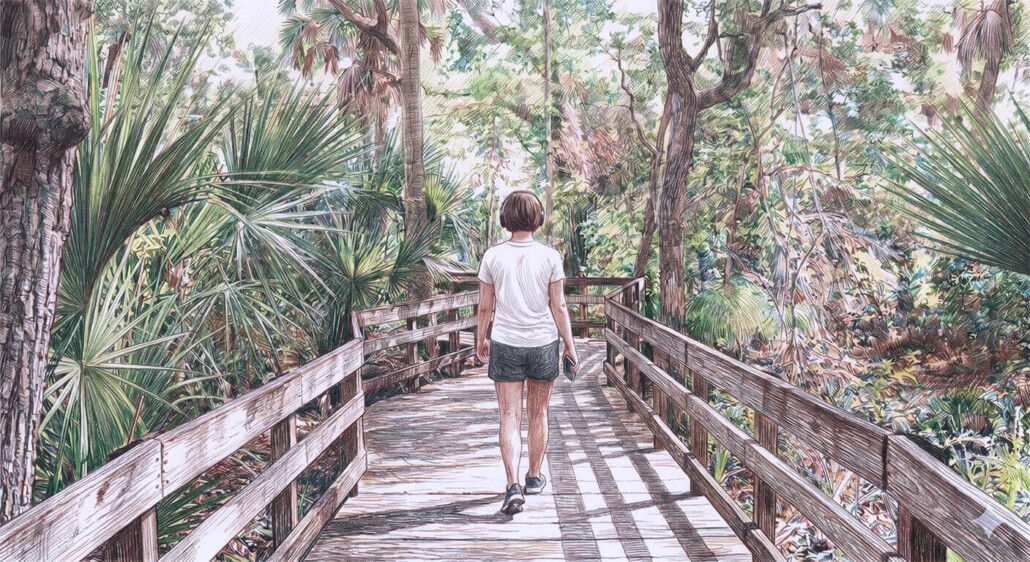 A woman is walking on a boardwalk path with headphones and her smart phone. This is representative of our virtual walk and talk therapy in Merritt Island's Rotary Park.