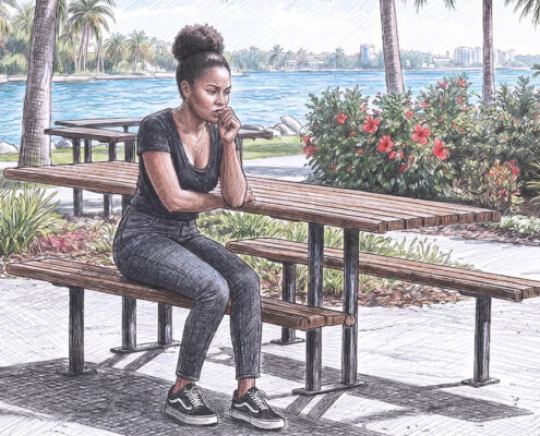 Illustration of a contemplative and anxious diverse woman sitting at a picnic table by a beach cove.