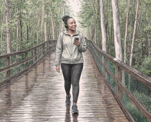 Illustration of a woman participating in virtual walk and talk therapy on a boardwalk at Turkey Creek in Florida