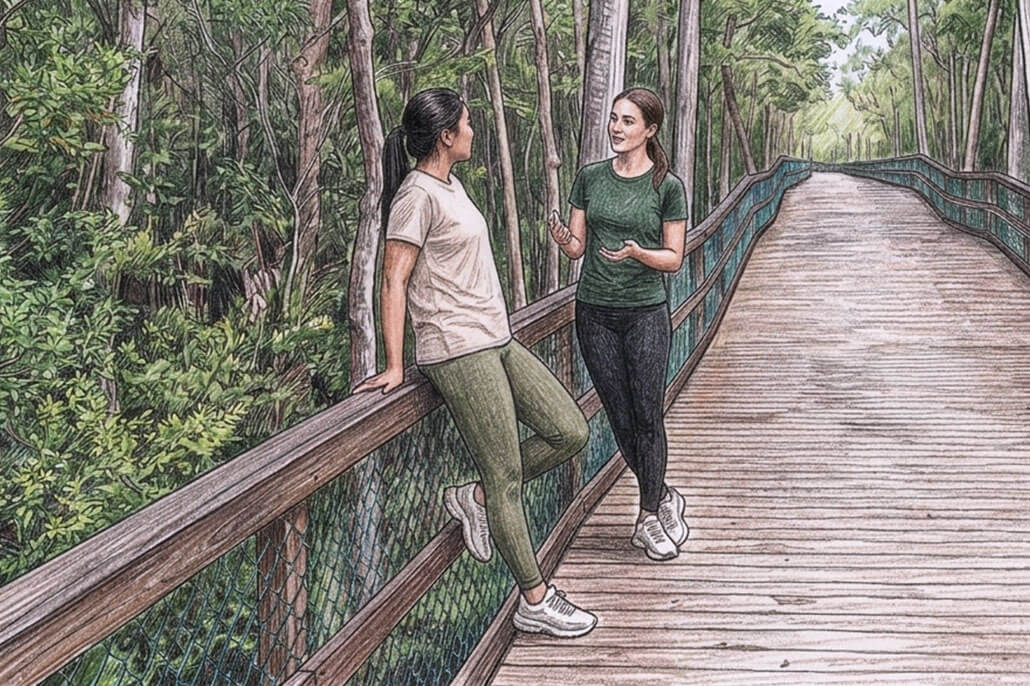 An artistic illustration of a therapist and client during walk and talk therapy. They are leaning against the railing of a wooden boardwalk, surrounded by dense green forest in Melbourne, FL