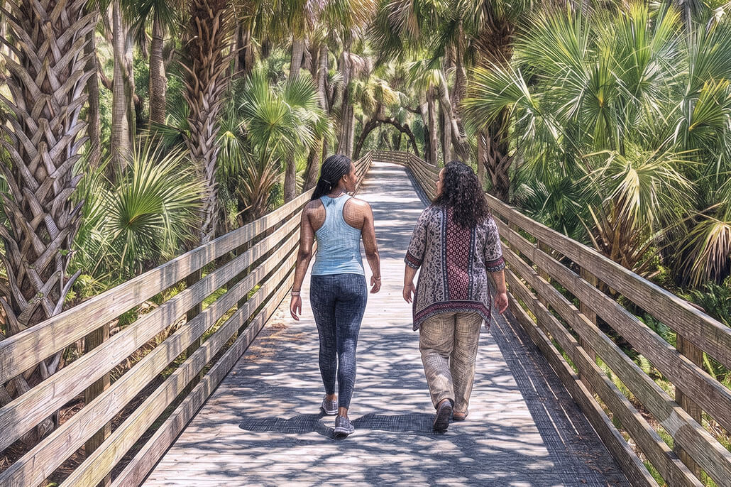 Illustration of a therapist and client walking along a wooden boardwalk trail during a walk and talk therapy session on the Linear Trail in Melbourne, FL.