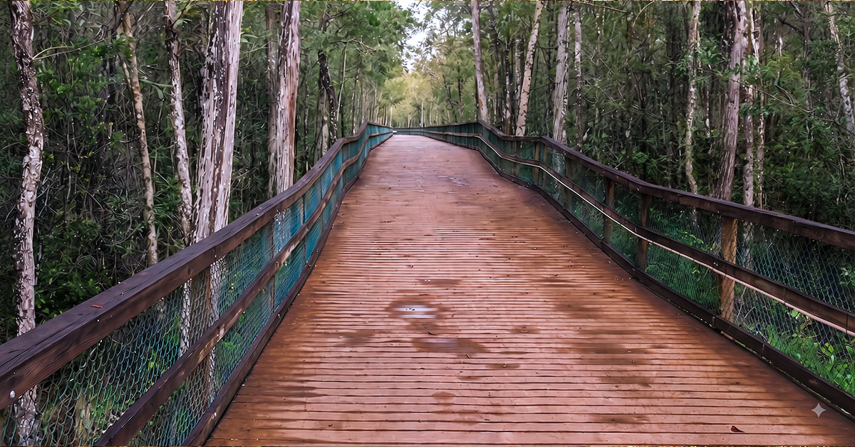 Empty wooden boardwalk trail winding through lush green forest trees at Turkey Creek Sanctuary in Melbourne, Florida.